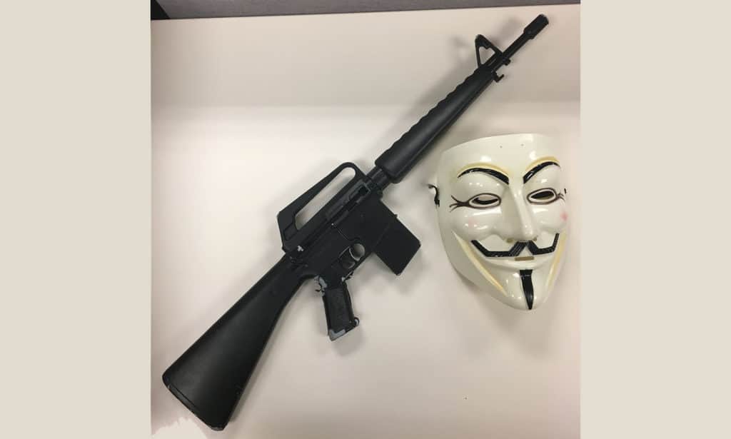 The mask and replica assault rifle allegedly used by a Mundelein teen.