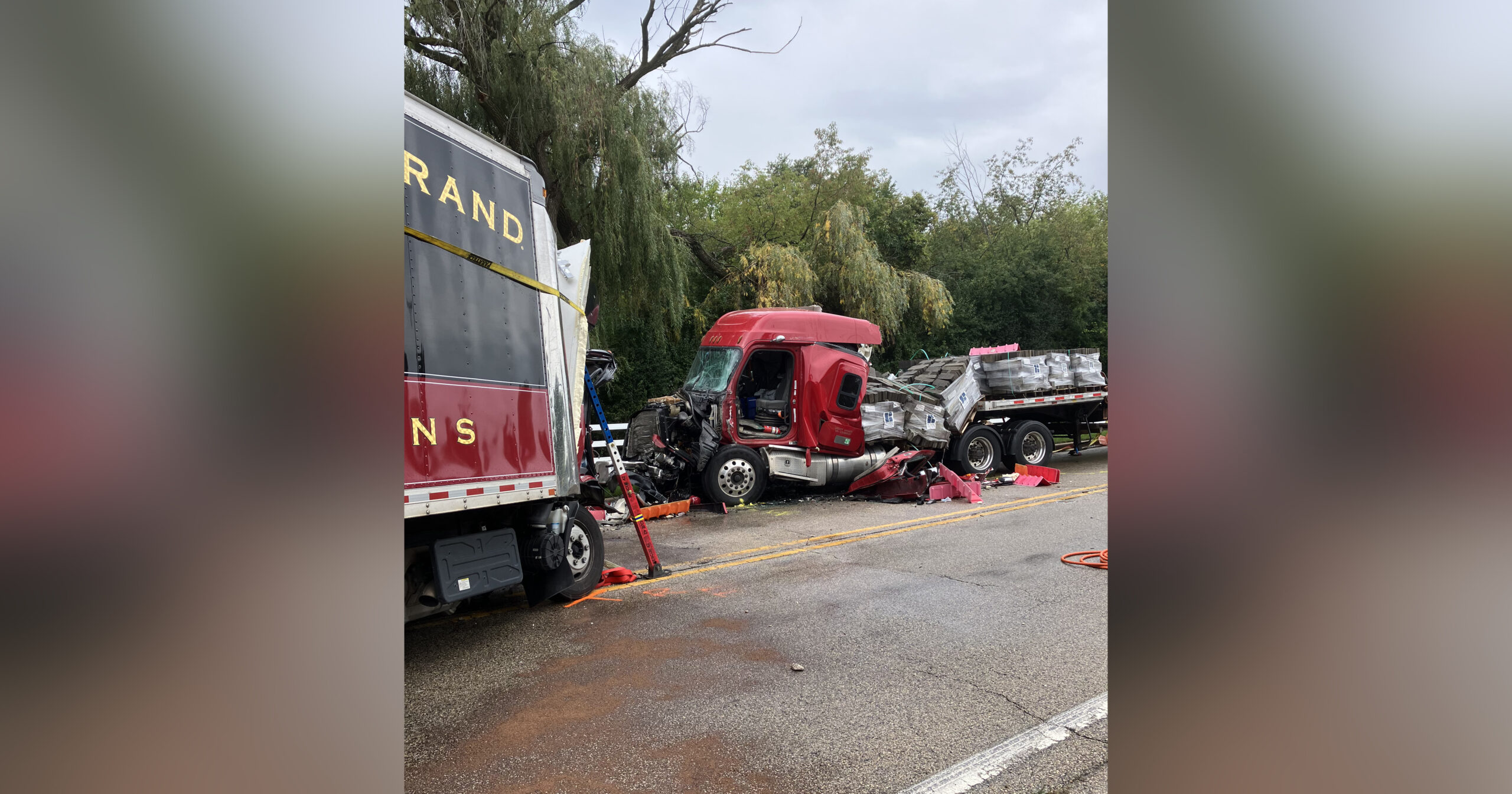 Police investigate a head-on crash involving two trucks that left one person dead and two others seriously injured on Route 53 (Hicks Road) north of Lake Cook Road in Long Grove Tuesday morning. | Photo Submitted to Lake and McHenry County Scanner