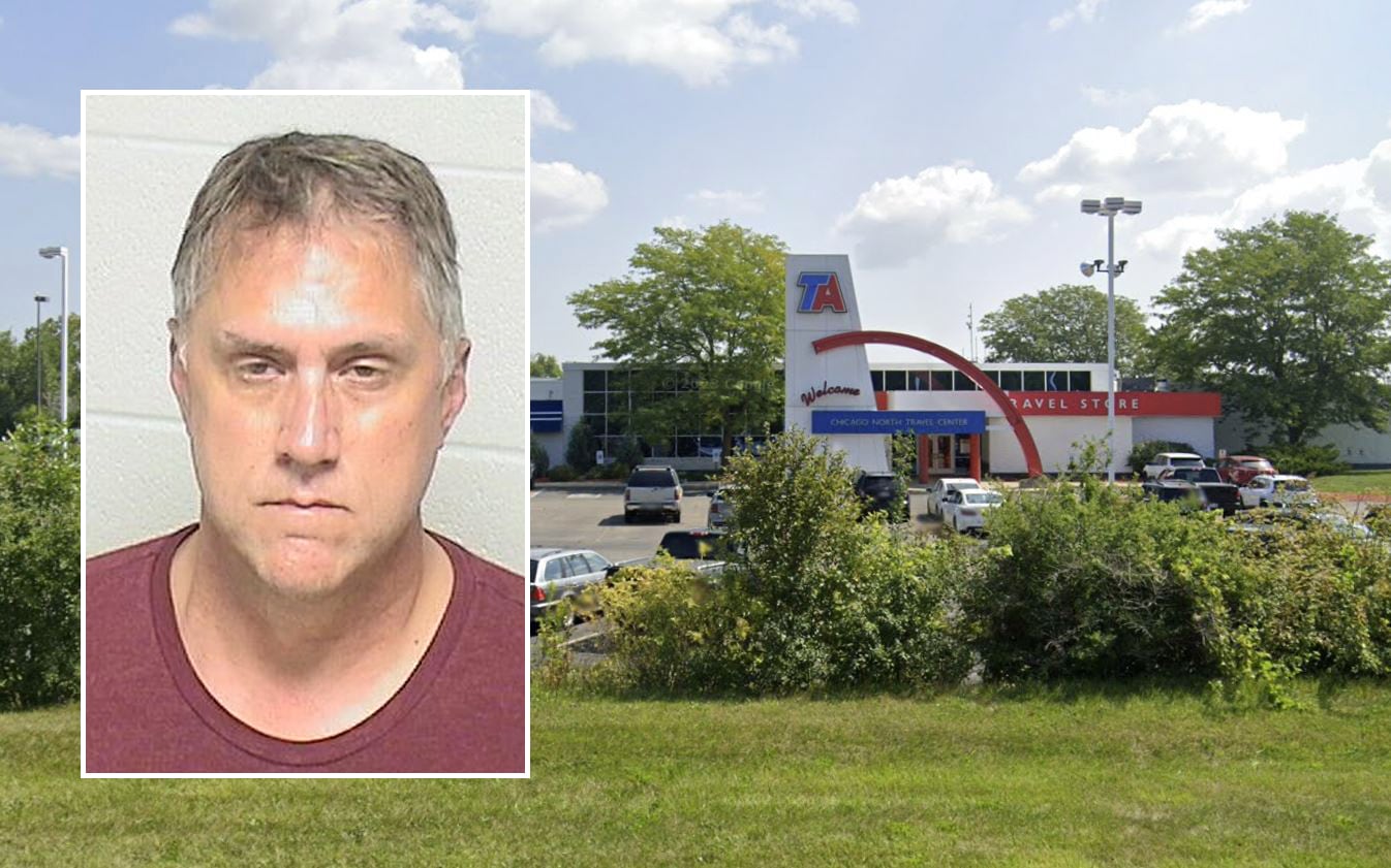 Joseph D. Woolever, 54, of Gurnee, (inset), the manager of the TravelCenters of America in unincorporated Zion, was charged this month with stealing over $45,000 from the business over the span of at least a year. | Background Photo: Google Street View