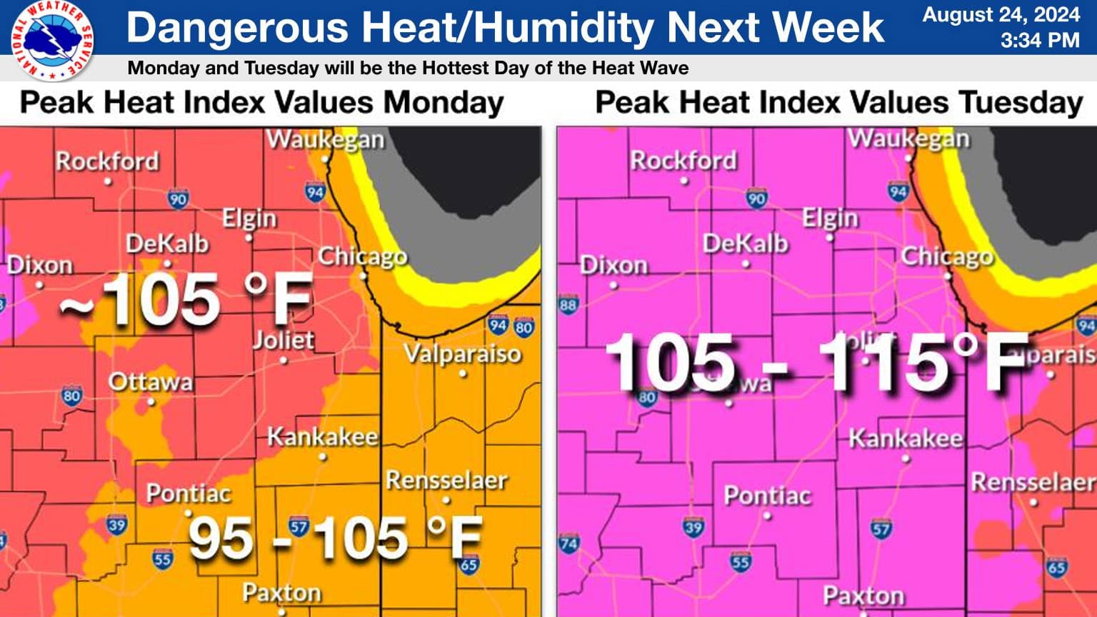 Weather service warns of dangerous heat and humidity in the Chicago area next week