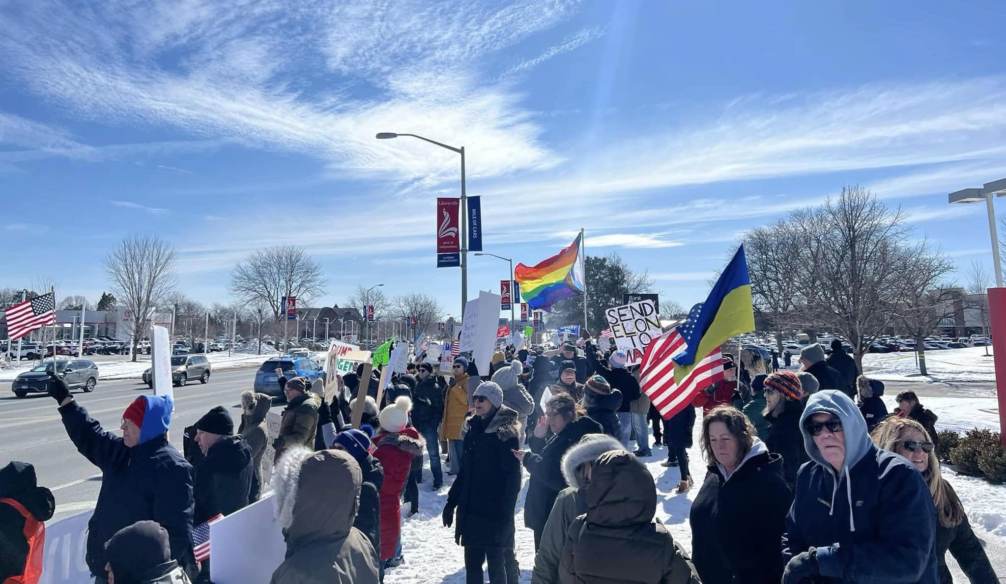 Masses attend protest of Elon Musk, President Donald Trump outdoor Libertyville Tesla dealership